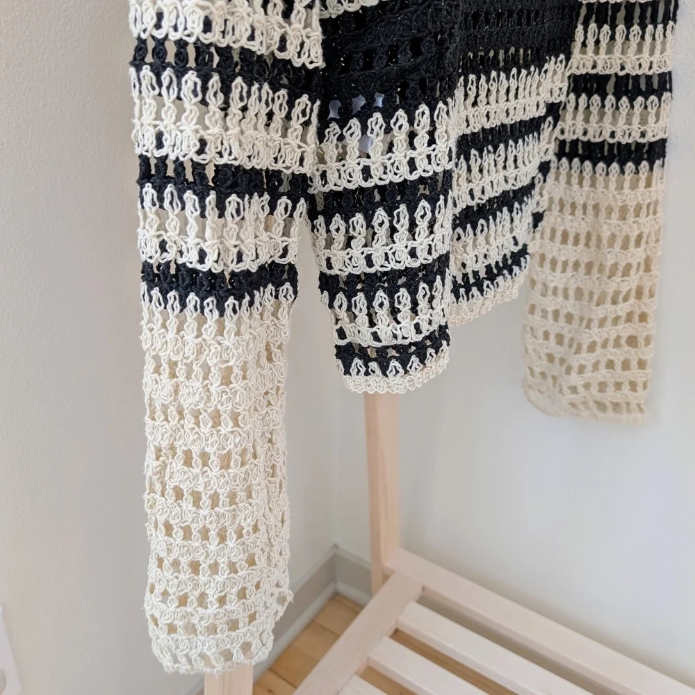 Zara Crochet Open Knit Striped Collared Henley Top In Black/Ivory